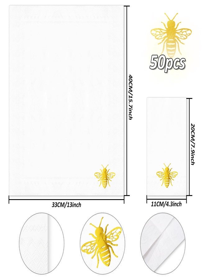 JarThenaAMCS مناديل ضيوف JarThenaAMCS، 50 قطعة، مزينة بنقوش النحل، مطلية برقائق ذهبية، للاستخدام مرة واحدة، ورقية، مثالية لحفلات الربيع والصيف. - Image 2